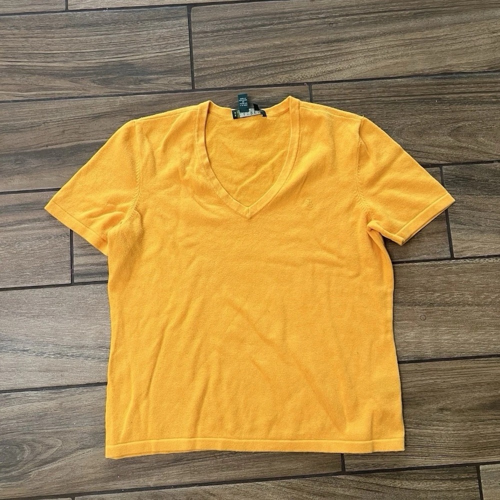 Lauren Ralph Lauren V Neck Sweater Yellow Short Sleeve Cotton Blend Womens M